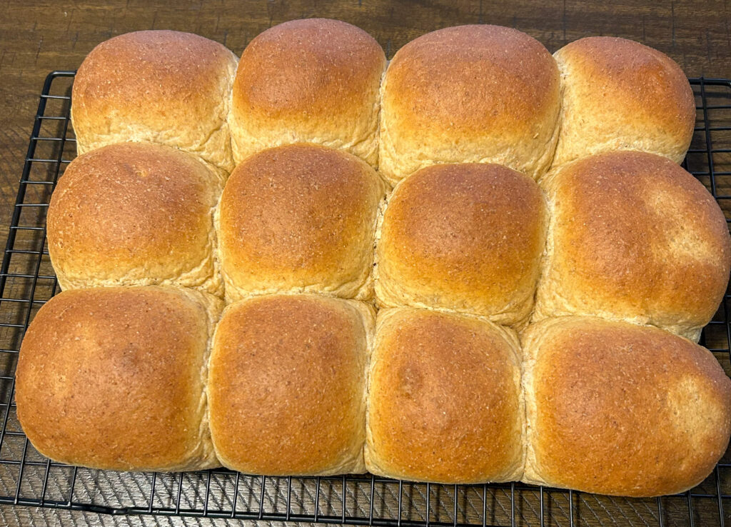 Fresh milled flour dinner rolls sitting on a cooling rack