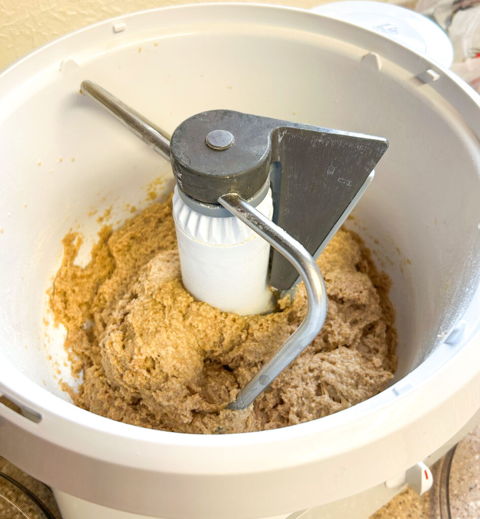 Fresh Milled Flour in a mixing bowl mixed with wet ingredients until the flour was incorporated.