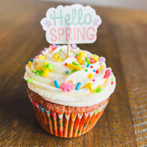 Single moist carrot cake cupcake topped with creamy sugar-free frosting, styled simply on a rustic surface with soft natural lighting.
