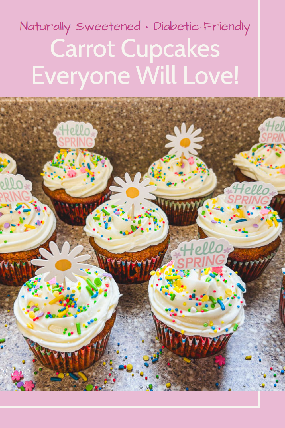 Pinterest pin image showcasing naturally sweetened, diabetic-friendly carrot cake cupcakes with sugar-free frosting, styled with a soft, spring-inspired background and text overlay that reads 'Naturally Sweetened • Diabetic-Friendly Carrot Cupcakes Everyone Will Love'.