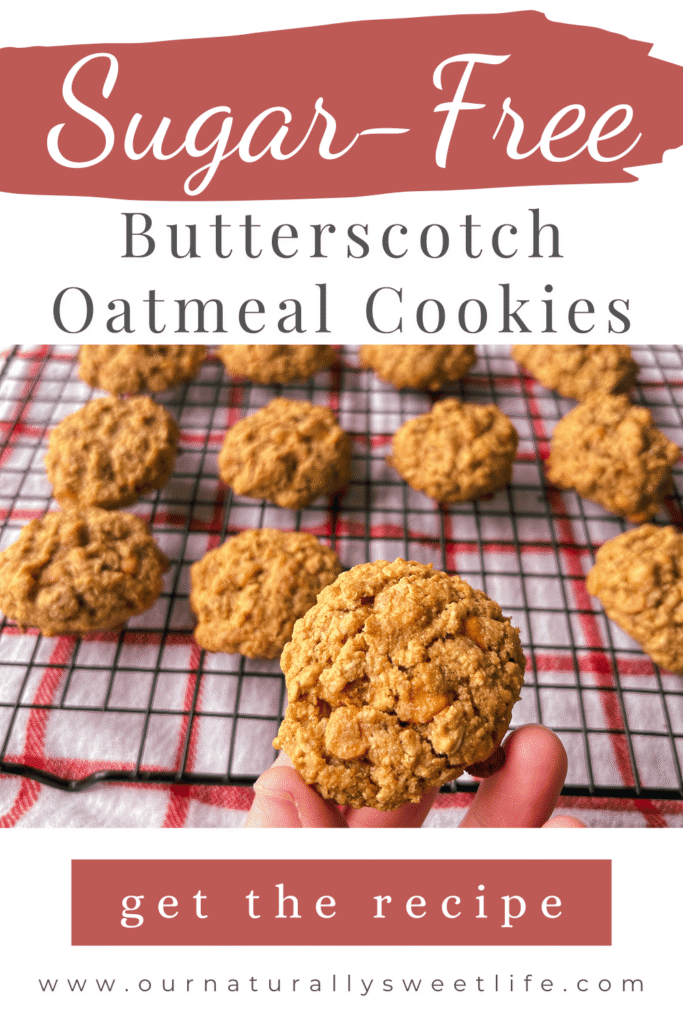 Pinterest graphic featuring sugar-free butterscotch oatmeal cookies on a farmhouse-style background. Includes text overlay that reads “Sugar-Free Butterscotch Oatmeal Cookies – T1D Mama-Approved & Kid-Loved!” Perfect for families managing Type 1 Diabetes or following a low-carb lifestyle.