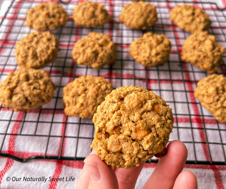 Hand holding a chewy, golden brown sugar-free butterscotch oatmeal cookie in front of a cooling rack filled with freshly baked cookies. Perfect for low-carb and diabetes-friendly baking.