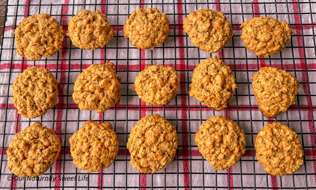 Freshly baked cookies cooling on a wire rack over a red and white kitchen towel. 