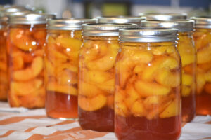This beautiful image shows jars of home-canned peach slices in syrup, sealed and cooling on a towel. The peaches are vibrant and golden, suspended in a light amber liquid—likely a light or medium syrup.
