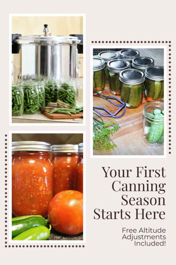 your first canning season Pinterest pin with canning tomatoes, process shot of canning pickles, and beginning stage of canning green beans. 