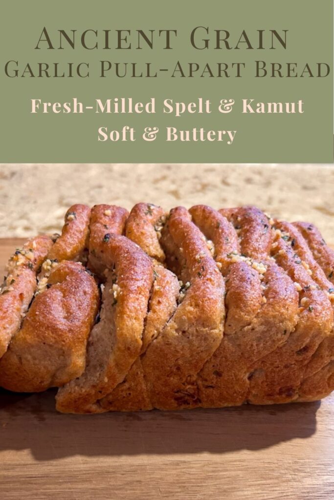 Soft, buttery ancient grain garlic pull-apart bread made with fresh-milled spelt and kamut.